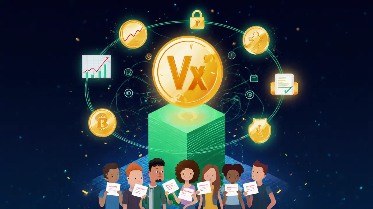 VX token surrounded by mining icons and dividend flow lines with voting avatars in vector art.
