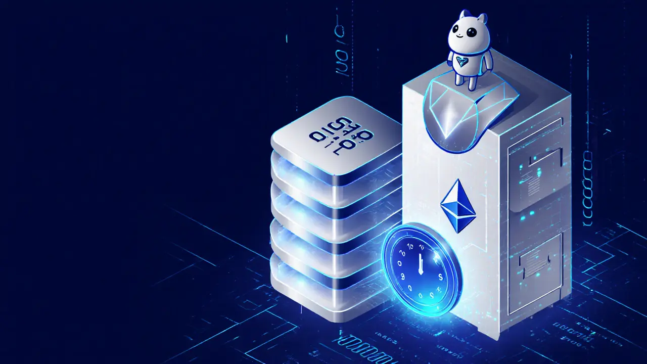 A blockchain node with a 1,000-year lock timer and the ZARO mascot on top.