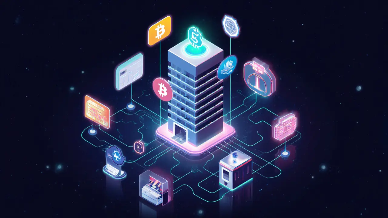 A conceptual crypto bank hub with loans, debit cards, and savings icons connected by glowing lines.