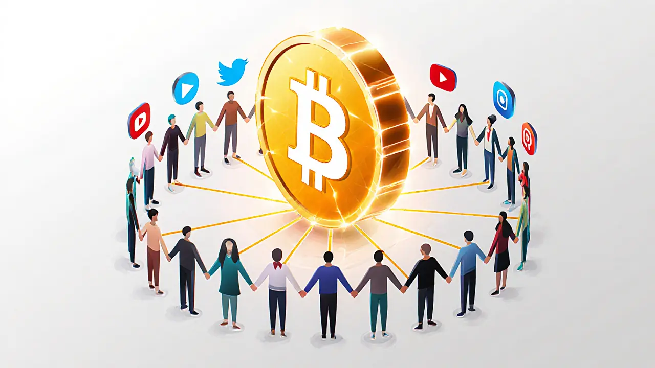 A glowing BOOST token surrounded by social media icons and a circle of participating users.