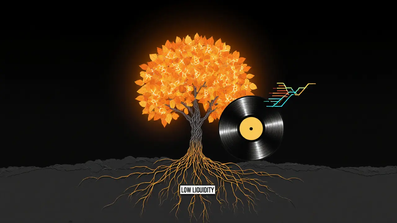 A glowing staking tree with cracking roots and a vinyl record growing from its trunk.