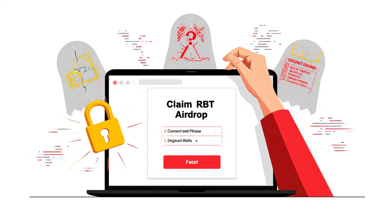 A hand hovering over a fake airdrop pop-up while ghostly warning symbols emerge behind the screen.