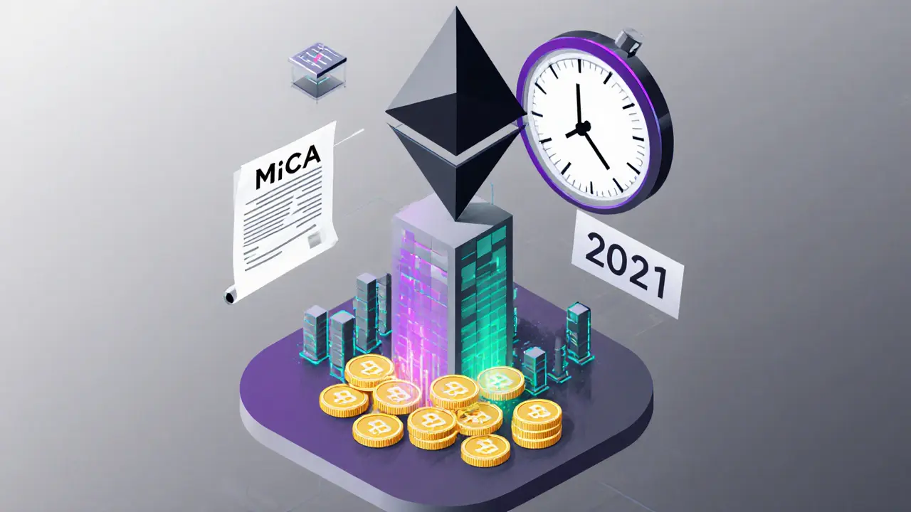 A hybrid blockchain tower emitting utility and security tokens, with regulatory frameworks nearby.