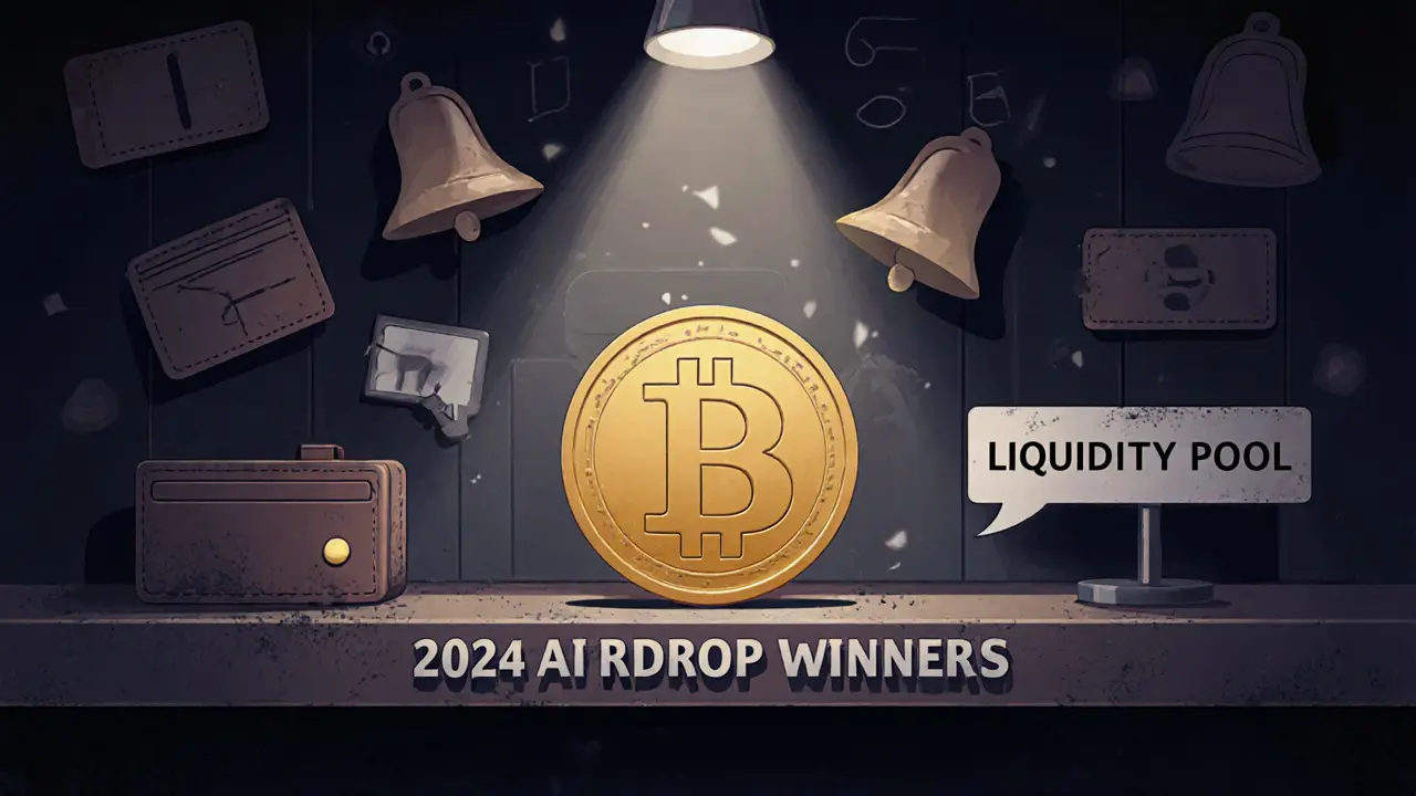 A single COW token on a dusty shelf labeled &#039;2024 Airdrop Winners&#039; with empty wallets around it.