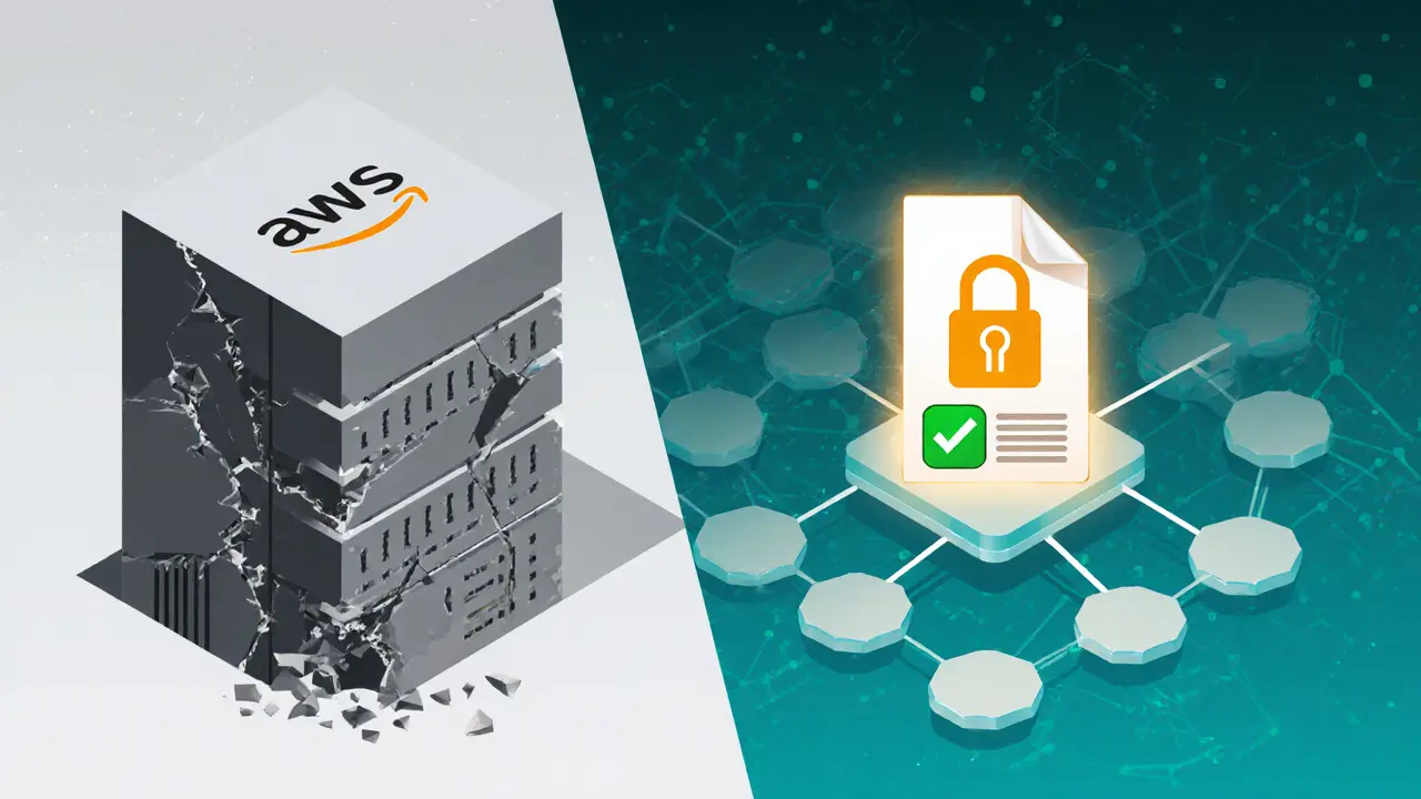 A split scene: crumbling server vs. stable IPFS network with locked metadata.