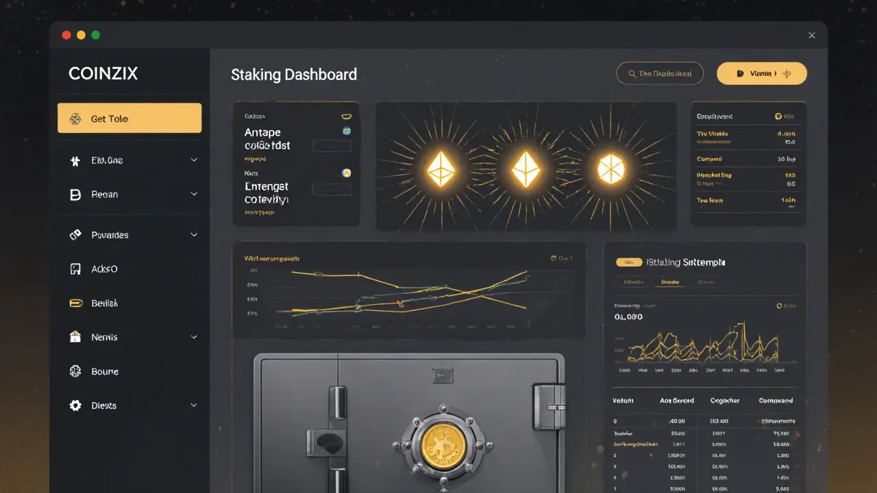 A staking dashboard showing cryptocurrency rewards with glowing pulses.