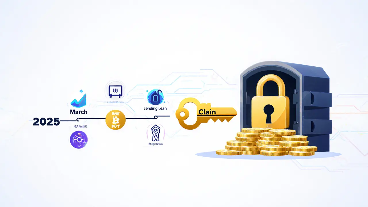 A timeline of airdrop activities converging into a golden key unlocking a vault of 250 million DES tokens.