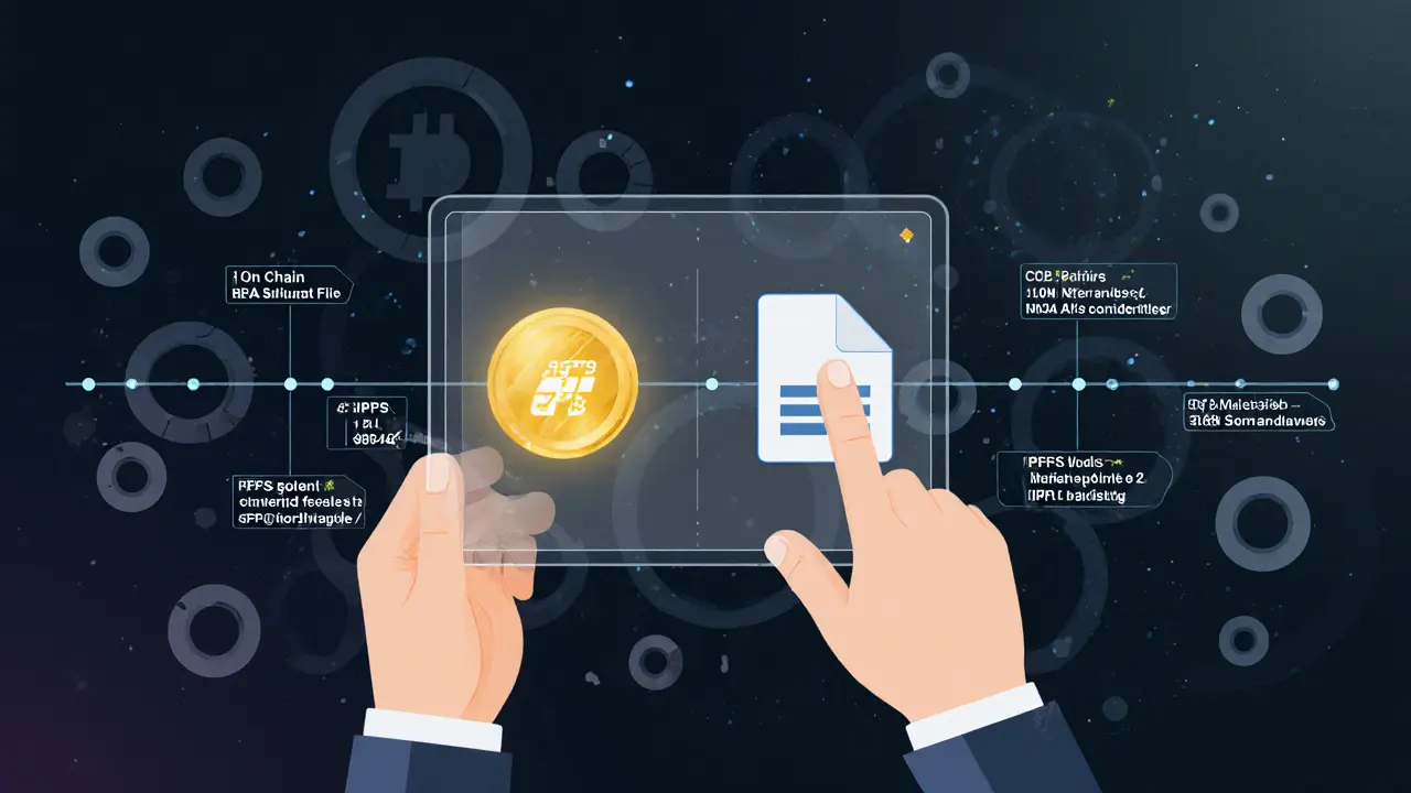 A user verifying NFT provenance with matching on-chain and IPFS hashes in vector art.