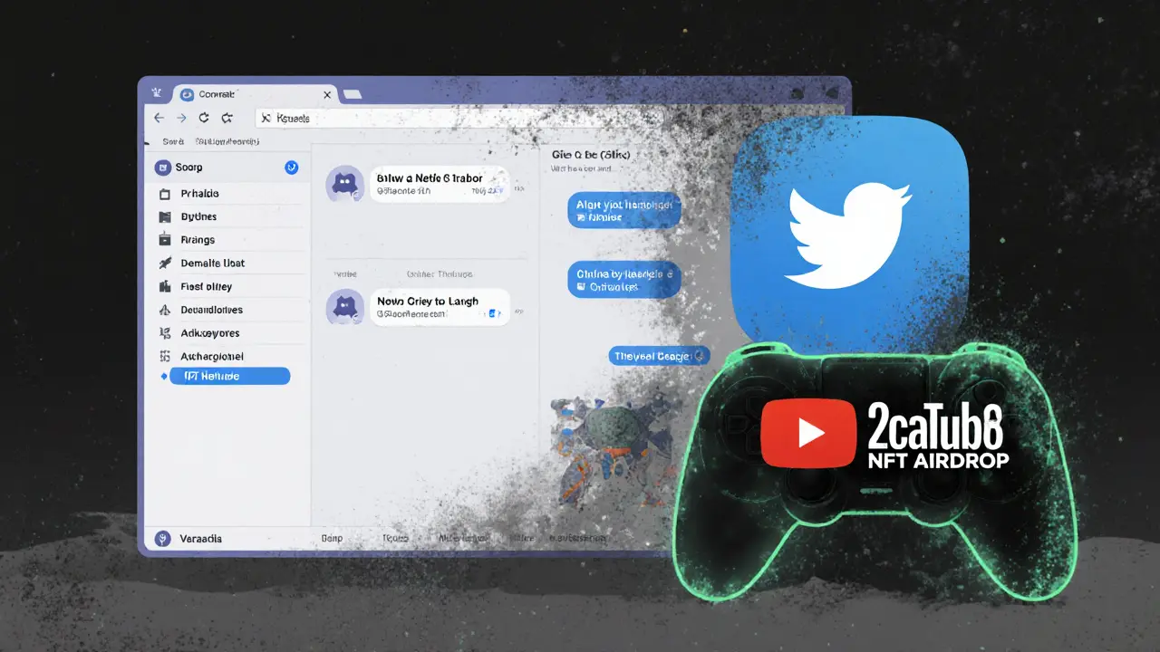 An abandoned Discord and Twitter interface beside a faded YouTube video of the 2crazyNFT airdrop.