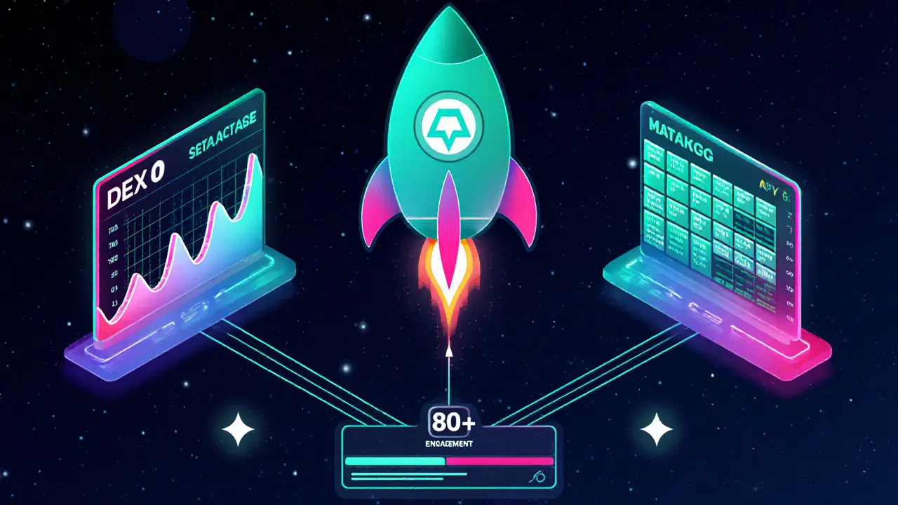 An EVM wallet connected to DeSwap, DeLending, and DeChain with glowing data streams forming a rocket, showing 80+ Engagement Points.