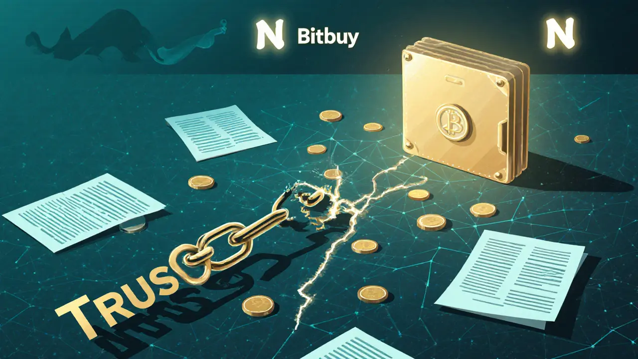 Broken trust chain with torn audits and a glowing hardware wallet in distance.