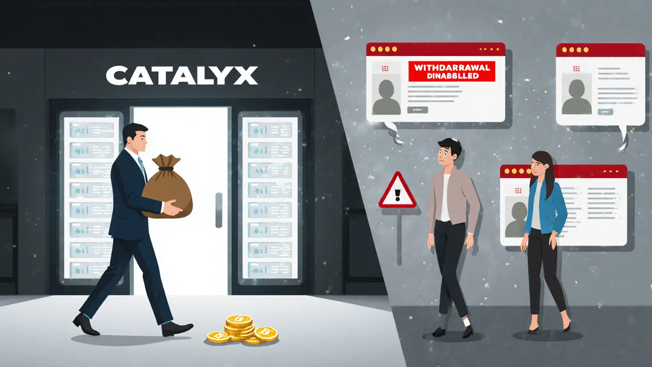 CFO walking away from server room while users face frozen accounts.