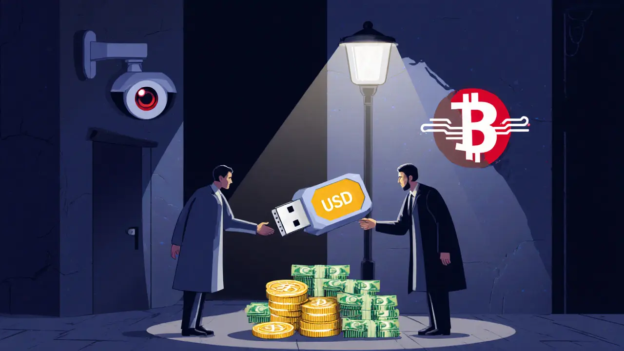 Clandestine crypto trade in an alley, with USB drive exchange and hidden government surveillance.