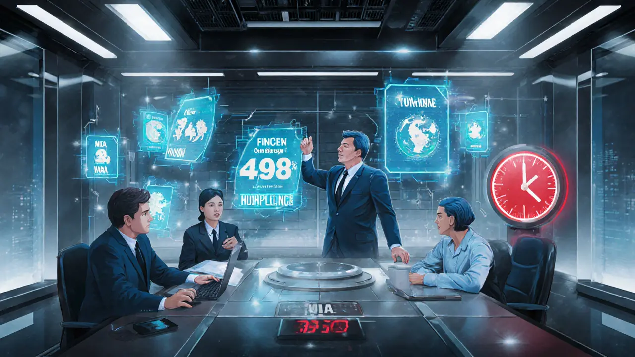 Compliance team monitoring holographic regulators and a rising compliance score as a shutdown timer counts down.