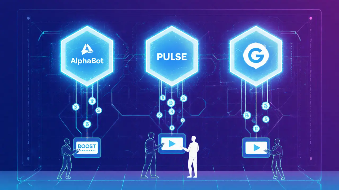 Connected digital platforms emitting BOOST tokens to users completing online actions.