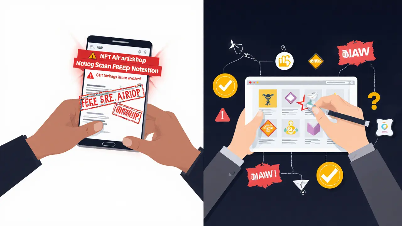 Contrast between scam links on a phone and a creator building NFTs with official BunnyPark tools.