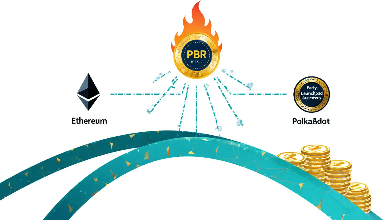 Cross-chain bridge connecting Ethereum and Polkadot, with tokens burning and stakers earning rewards.