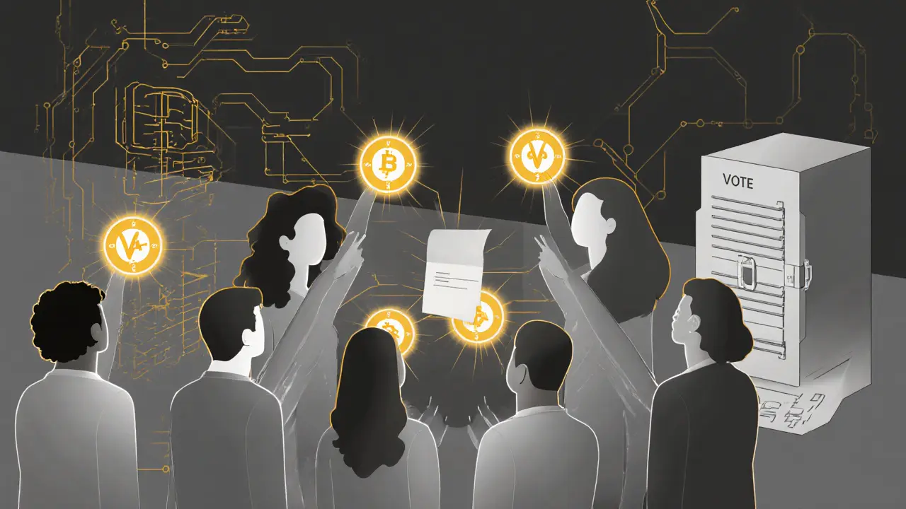 Digital avatars voting on a legal dispute using VAI tokens in a hybrid blockchain environment.