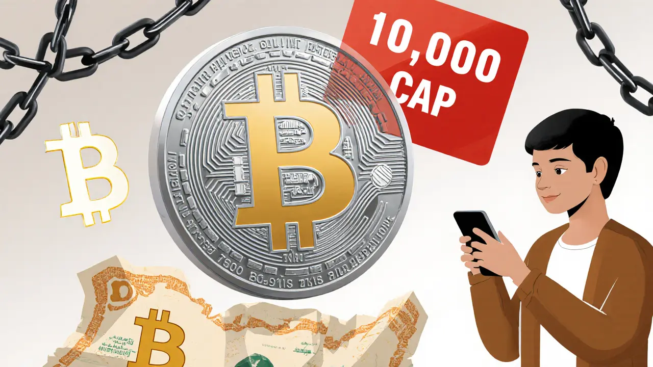 Digital rial token above crumbling currency, capped at ,000, while citizens use DAI to escape control.