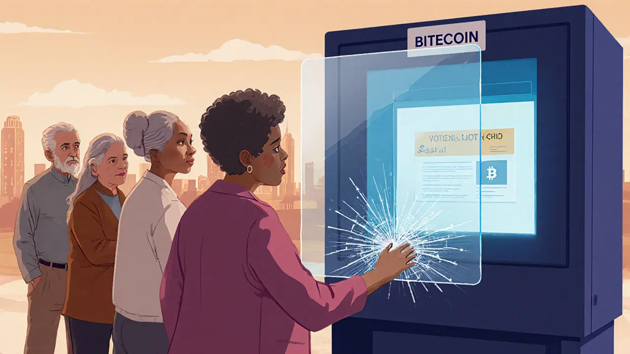 Diverse voters confused before a blockchain kiosk as digital ID fails