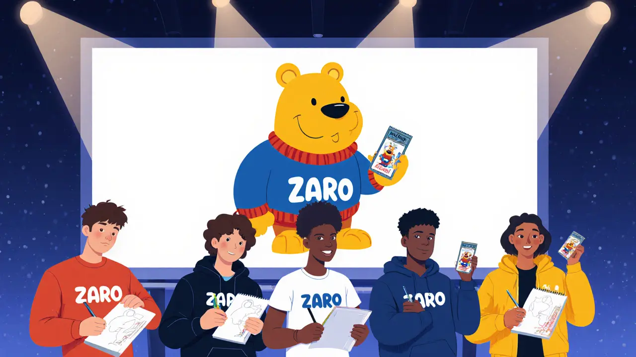 Fans wearing ZARO merch and watching an animated film under a digital billboard.