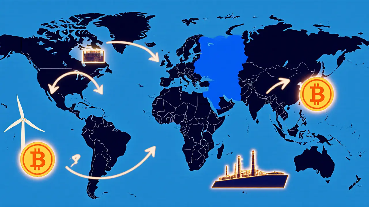 Global map showing crypto mining operations moving from Norway to Finland, Canada, and Georgia.