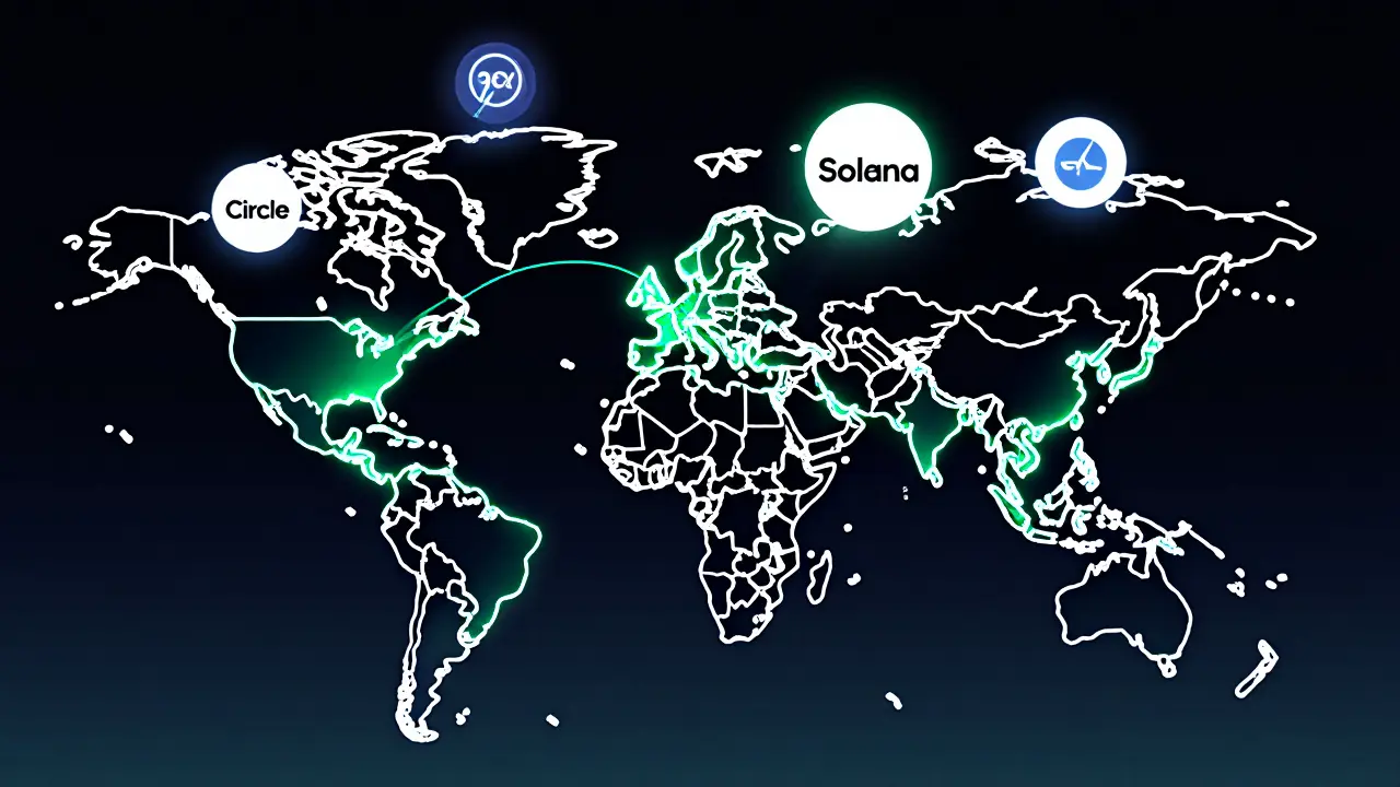 Global map showing strong stablecoin corridors in green and weak ones in red, with key platforms highlighted.