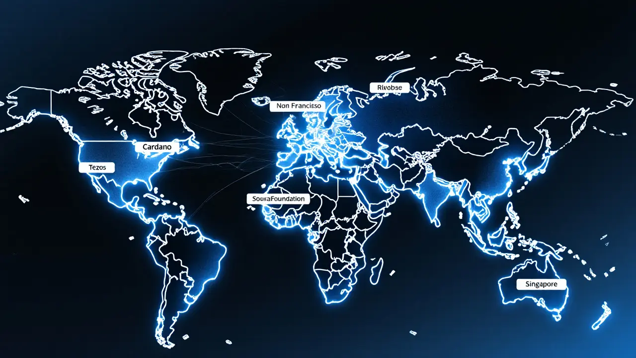 Glowing network map centered on Zug connecting to global crypto hubs, representing institutional trust and regulation.