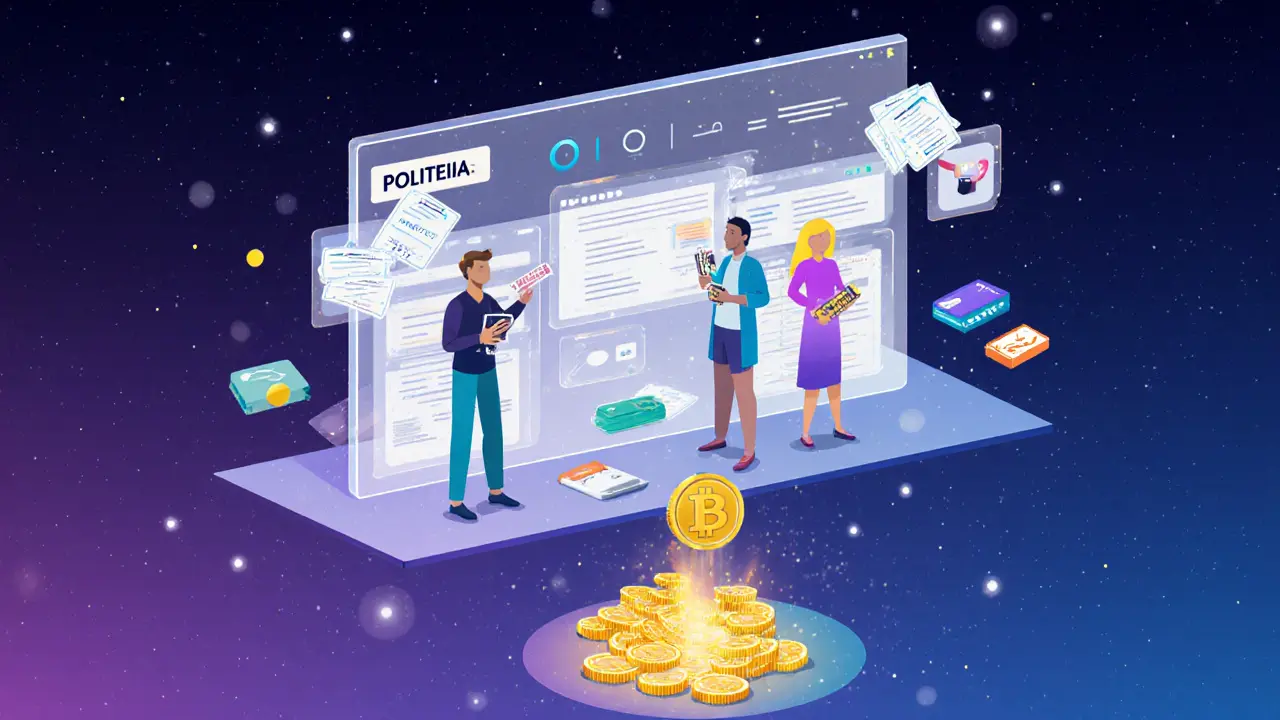 Governance dashboard with users voting on proposals and Treasury funding flowing to projects.