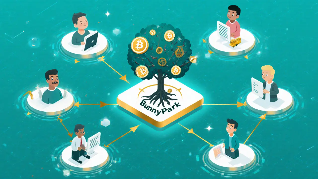 Interconnected nodes forming an ecosystem tree with BP tokens as roots and NFTs as branches.