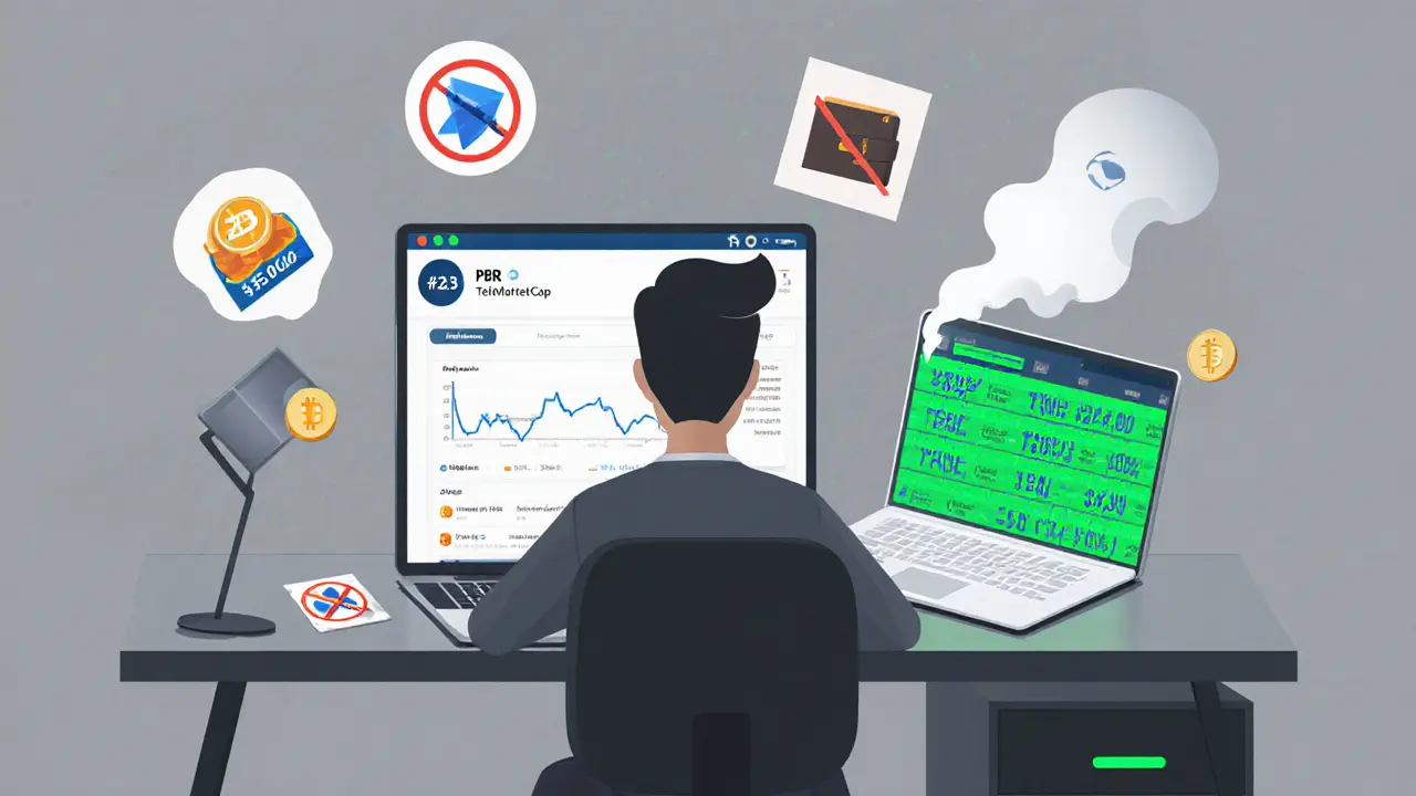 Investor facing scam icons while real staking dashboard glows green on laptop screen.