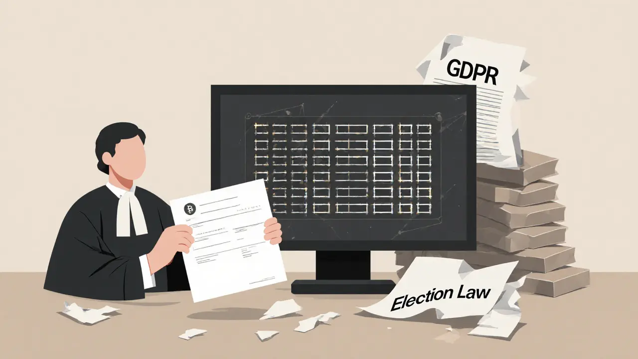 Judge holding paper ballot next to immutable blockchain ledger in courtroom