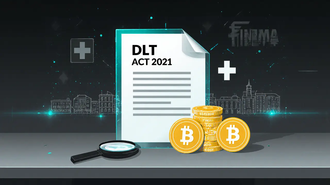 Legal document labeled DLT Act with categorized crypto tokens glowing above a desk, Swiss symbols in background.