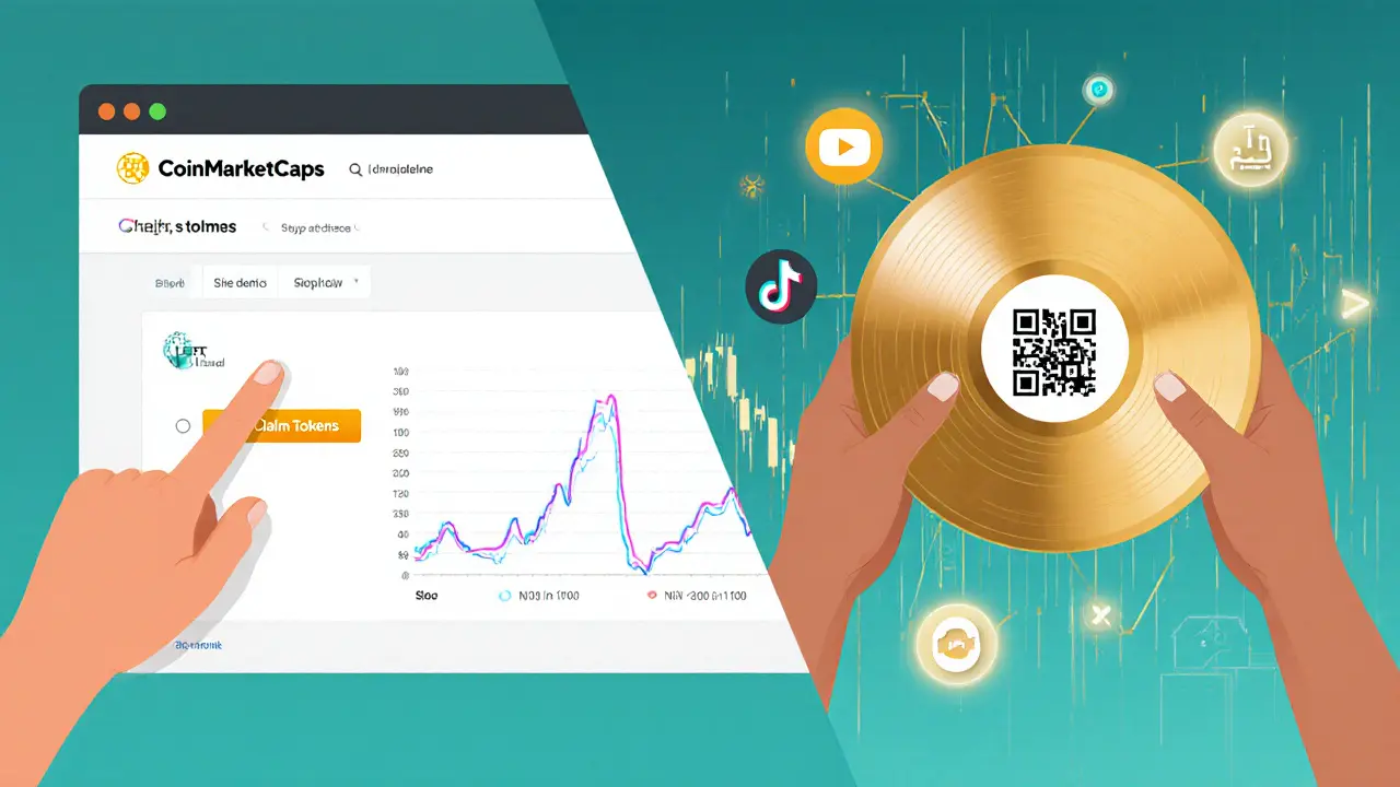 Person claiming crypto tokens on CoinMarketCap while holding a vinyl record with an NFT code.