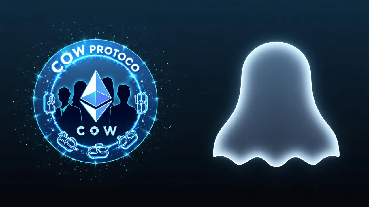 Side-by-side comparison of legitimate CoW Protocol and ghost-like CoinWind token logos.
