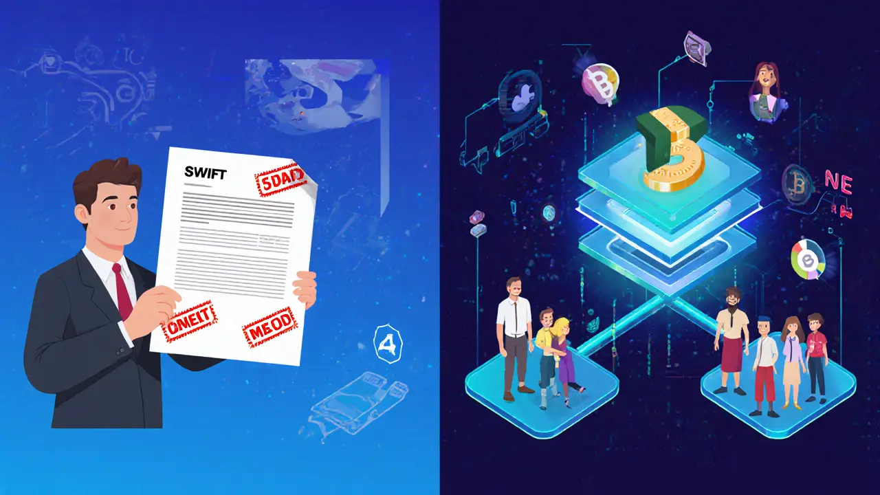 Split-screen comparison: slow traditional banking vs. instant stablecoin transfer with happy recipients.