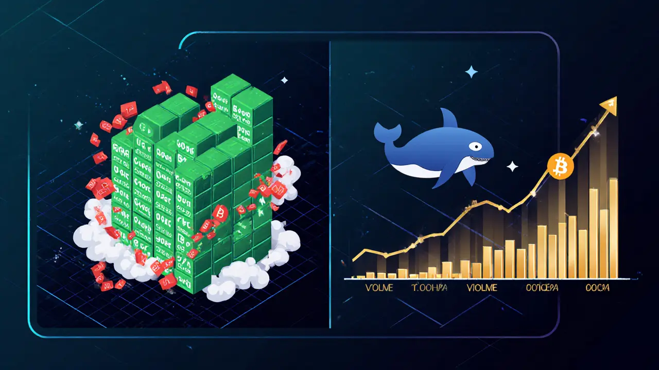 Split-screen: fake buy wall vanishing vs. real whale move to cold storage with Fibonacci lines.