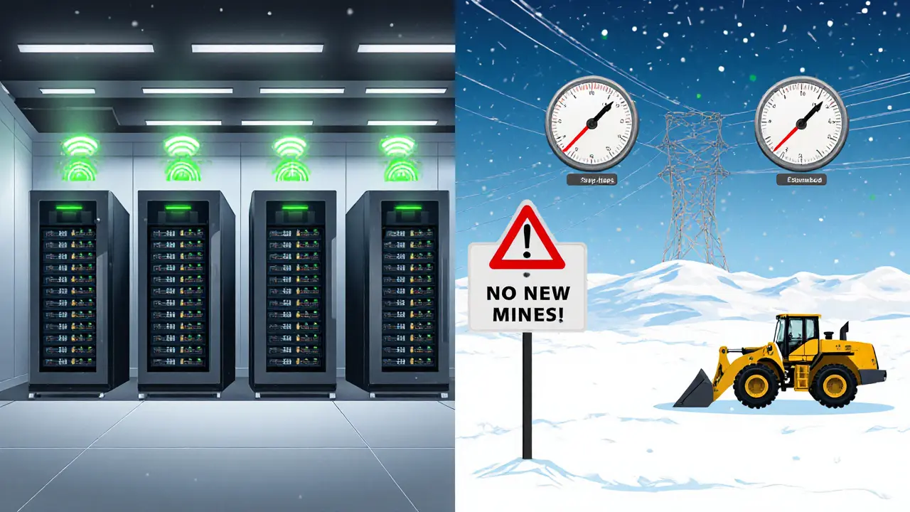 Split view: an operational data center on one side, an empty construction site with a &#039;No New Mines&#039; sign on the other.