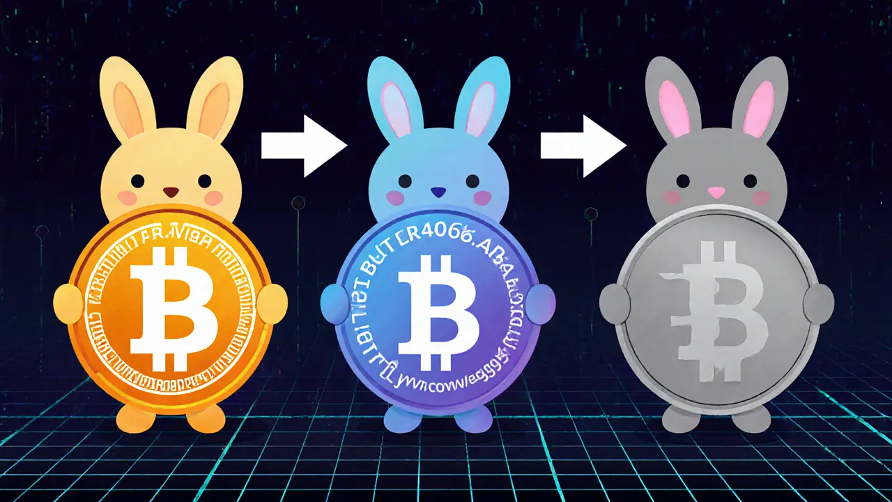Three real rabbit crypto tokens beside a hollow RBT token on a digital grid, showing legitimacy vs. emptiness.