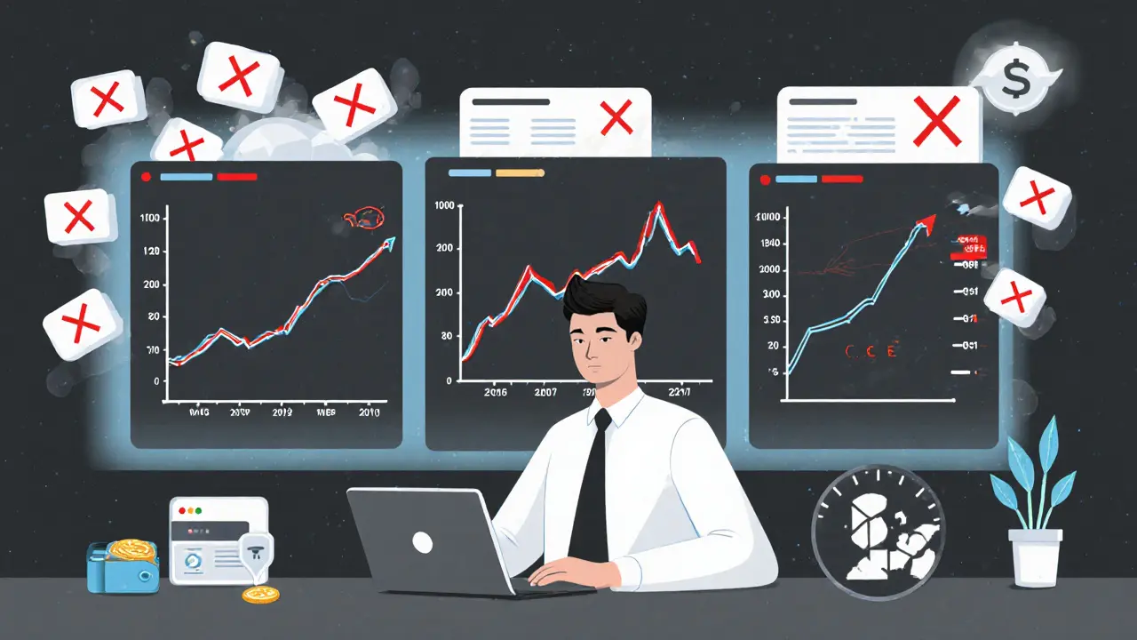Trader’s dashboard showing noisy alerts, accurate on-chain data, and a calm trade setup with stop-loss markers.