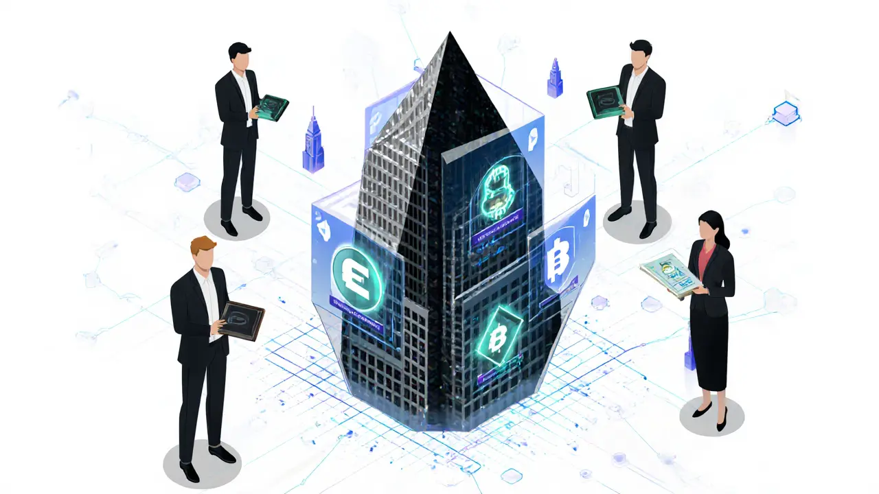 Transparent blockchain ledger showing real-time ownership of a tokenized building with diverse investors.