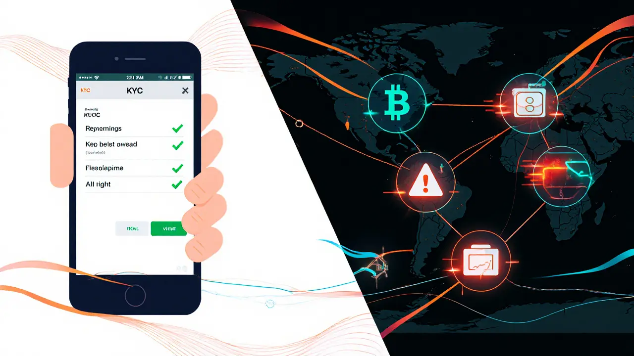 User completing fast KYC on mobile while AI traces suspicious crypto transactions on a blockchain map.