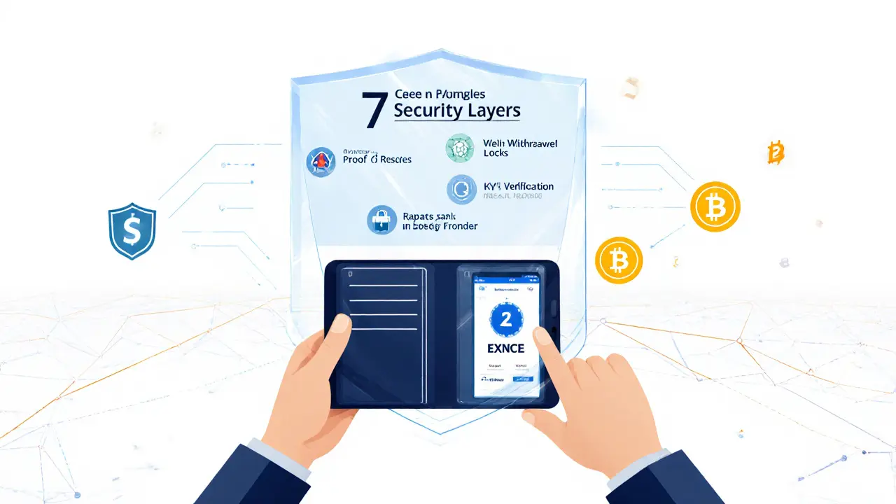 User with fake EXNCE app protected by a shield of seven security layers for crypto safety.
