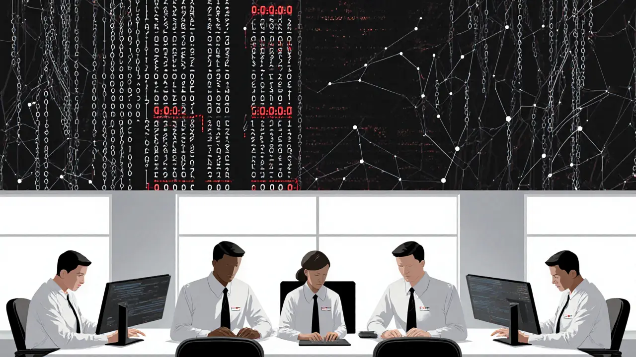 Workers in a call center monitor screens while billions in cryptocurrency transactions scroll above them.