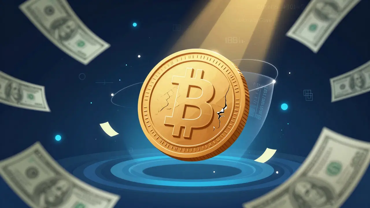 A floating, unspendable 50-Bitcoin coin dissolving into digital particles under cold blue light.