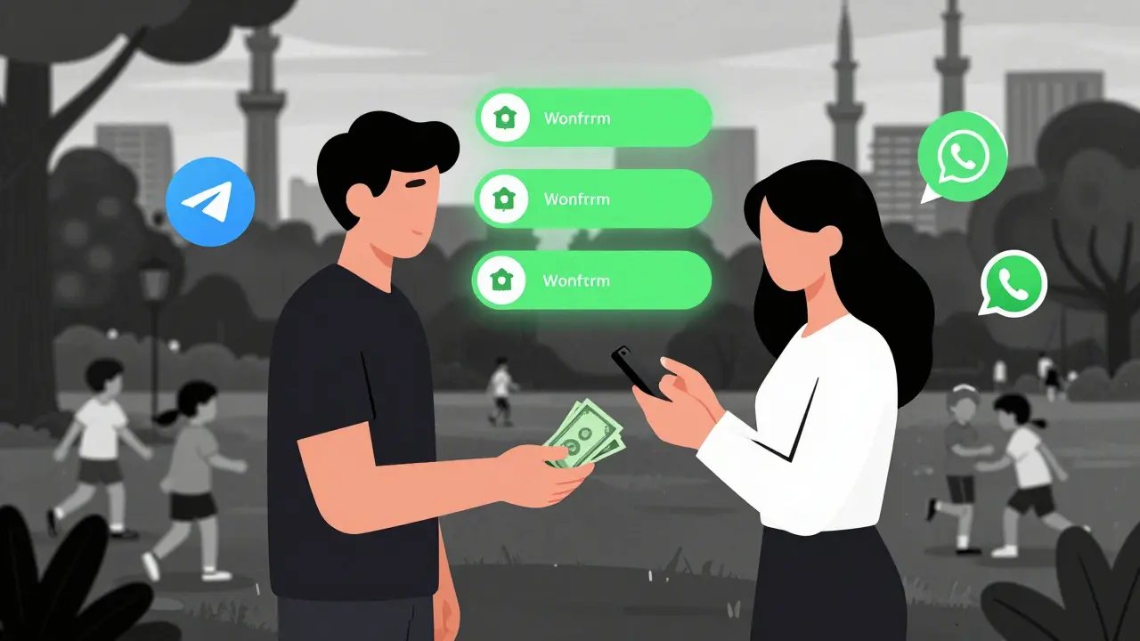 A secret cash-for-crypto exchange in a park, with encrypted app icons floating above the participants.