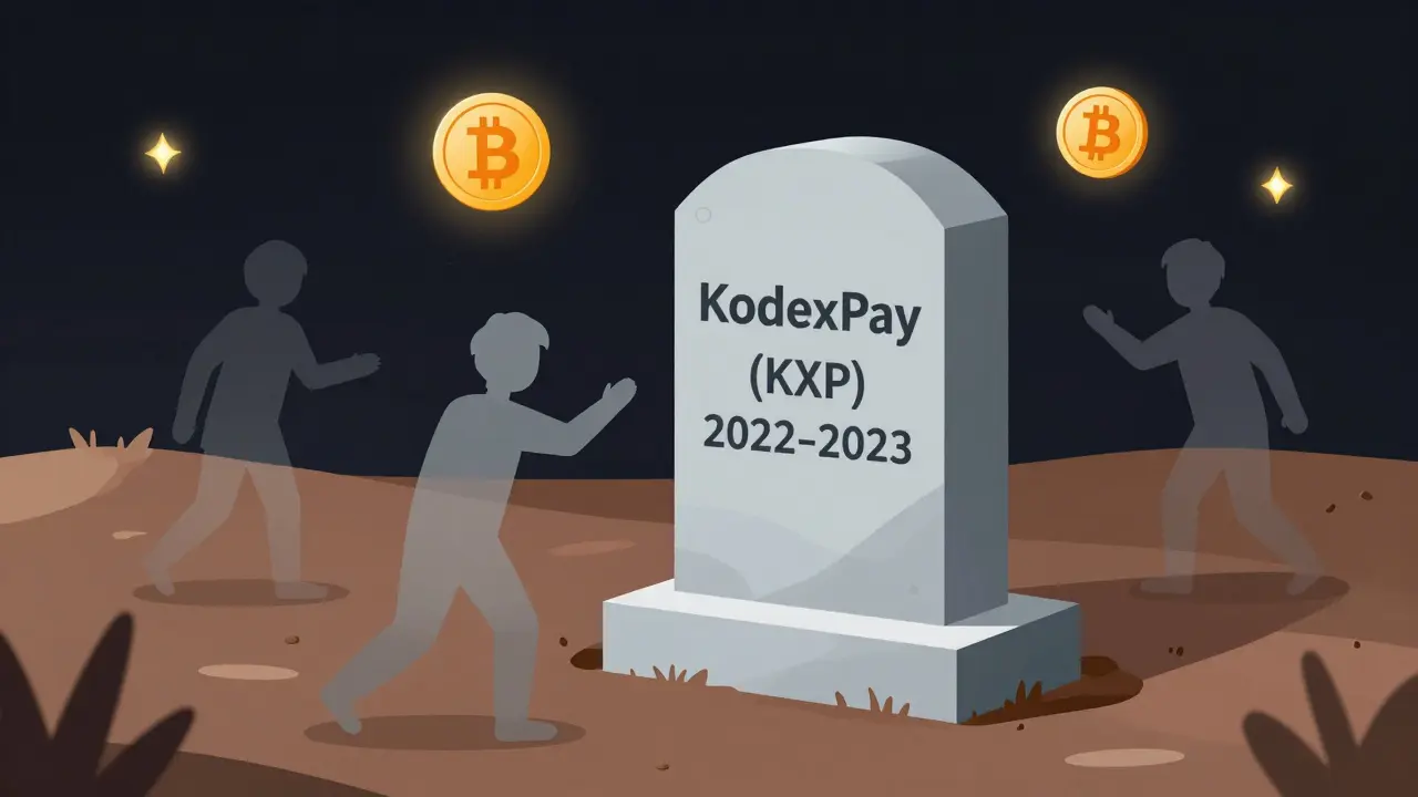 A tombstone for KodexPay stands in digital wasteland while legitimate coins glow in the distance.
