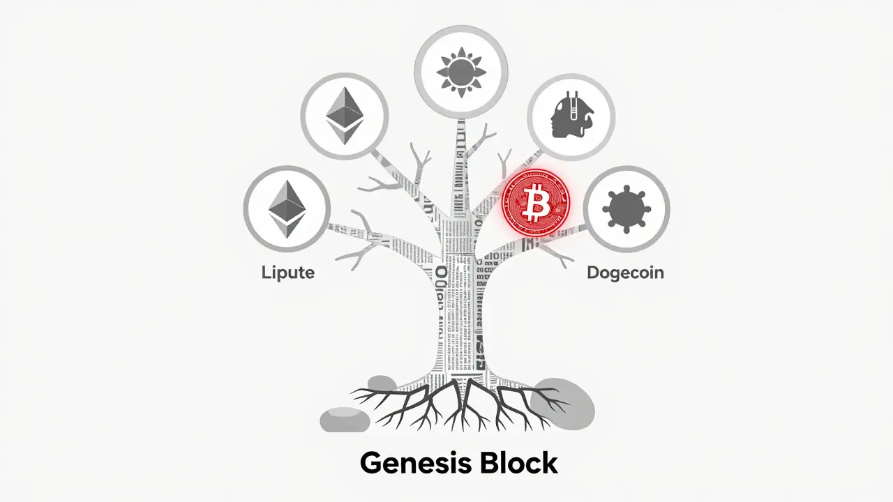 A transparent blockchain tree with roots in the Genesis Block, other cryptocurrencies branching from it.