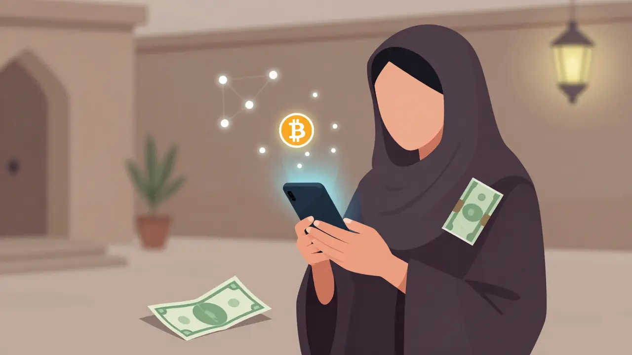 A woman in a burqa receives crypto on a solar-charged phone while a discarded banknote lies nearby.