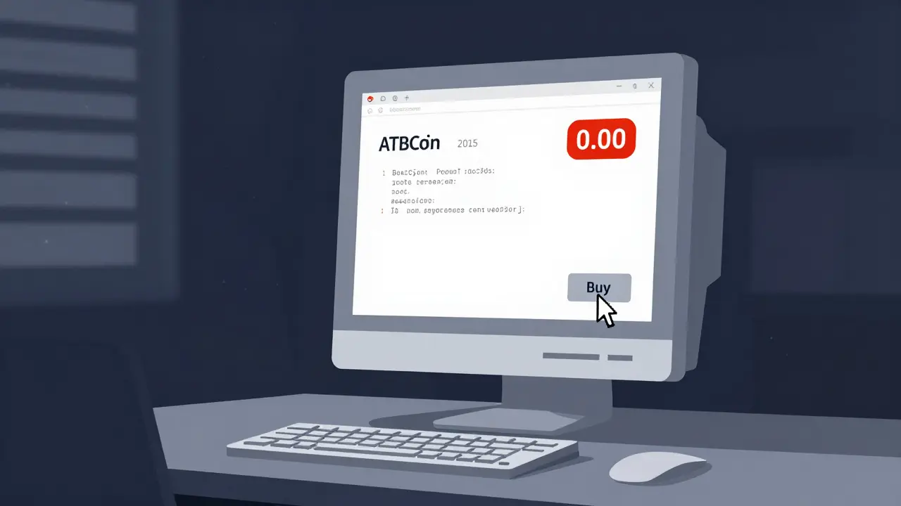 An outdated ATBCoin website on a dim computer screen with zero trading volume.
